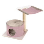 Lyserød kattetræ med hule og hylde katten kan ligge på.