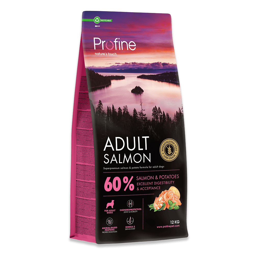 Profine Adult Salmon tørfoder til voksne hunde består af 37% laks