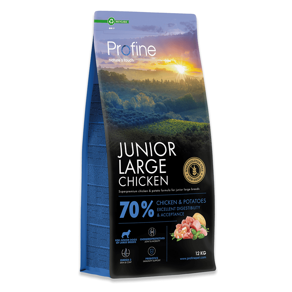 Profine Junior Large Chicken tørfoder består blandt andet af 42% kylling