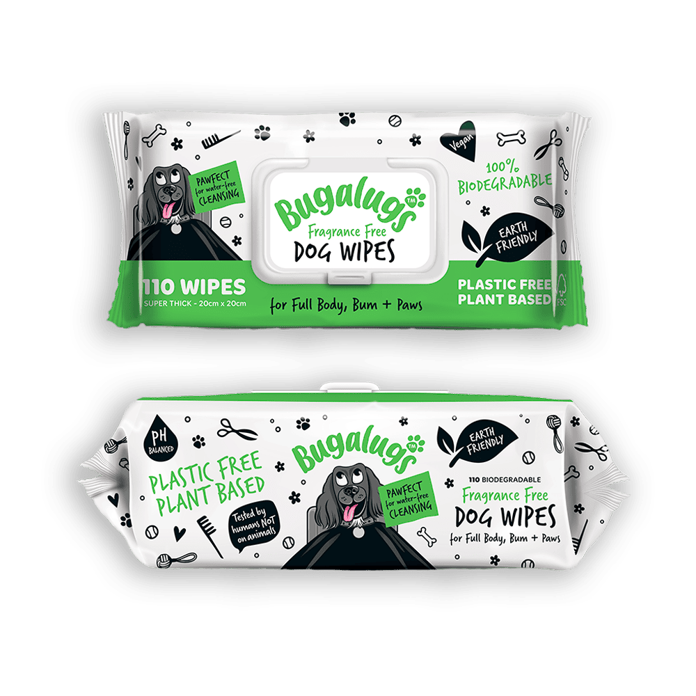 Forsiden af Bugalugs Fragrance Free Pet Wipes for Full Body
