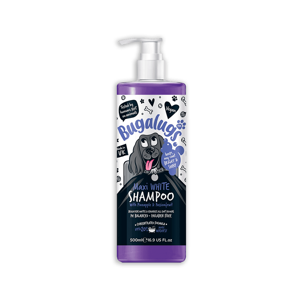 Forsiden af Maxi White Whitening Dog Shampoo med Pineapple & Passionfruit