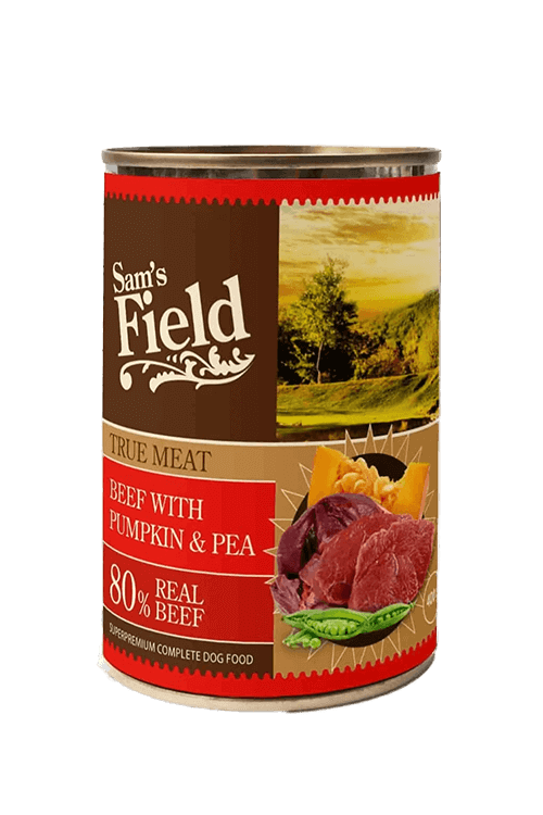 Sams Field True Meat oksekød græskar ærter pose.