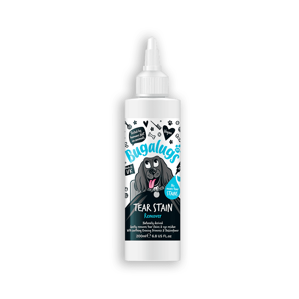 Forsiden af Bugalugs Tear Stain Remover Solution for Dogs